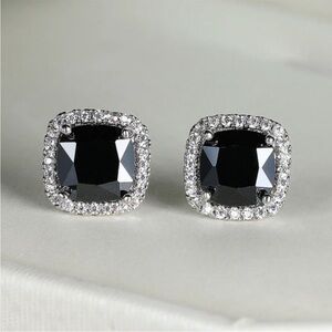 18K White Gold Black Diamond Cushion Halo Earrings
